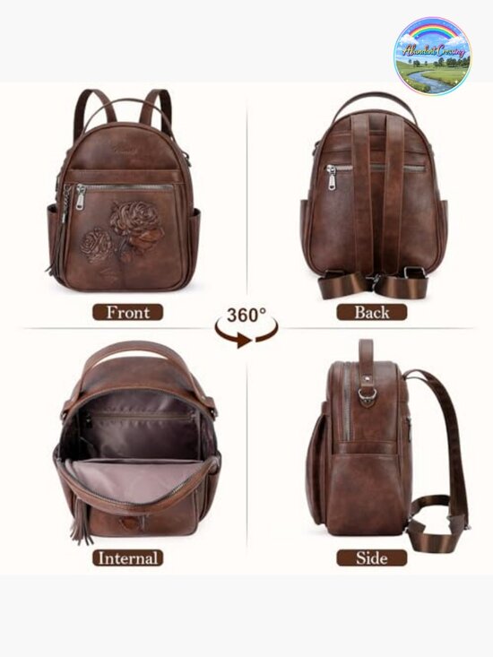Embossed Faux Leather Mini Backpack Purse with Floral Design, Water Resistant main image 5
